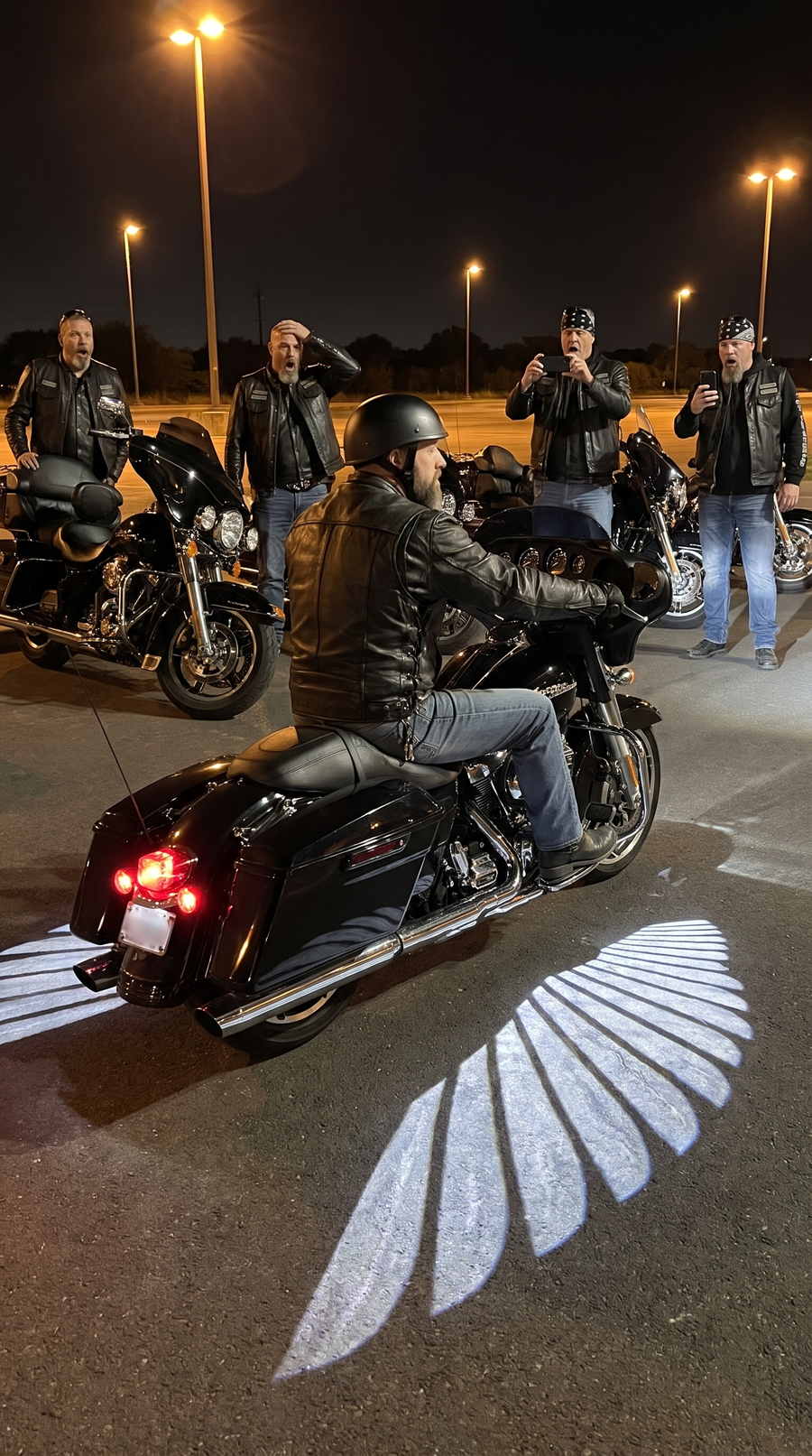 Riders reacting to the wings in a parking lot