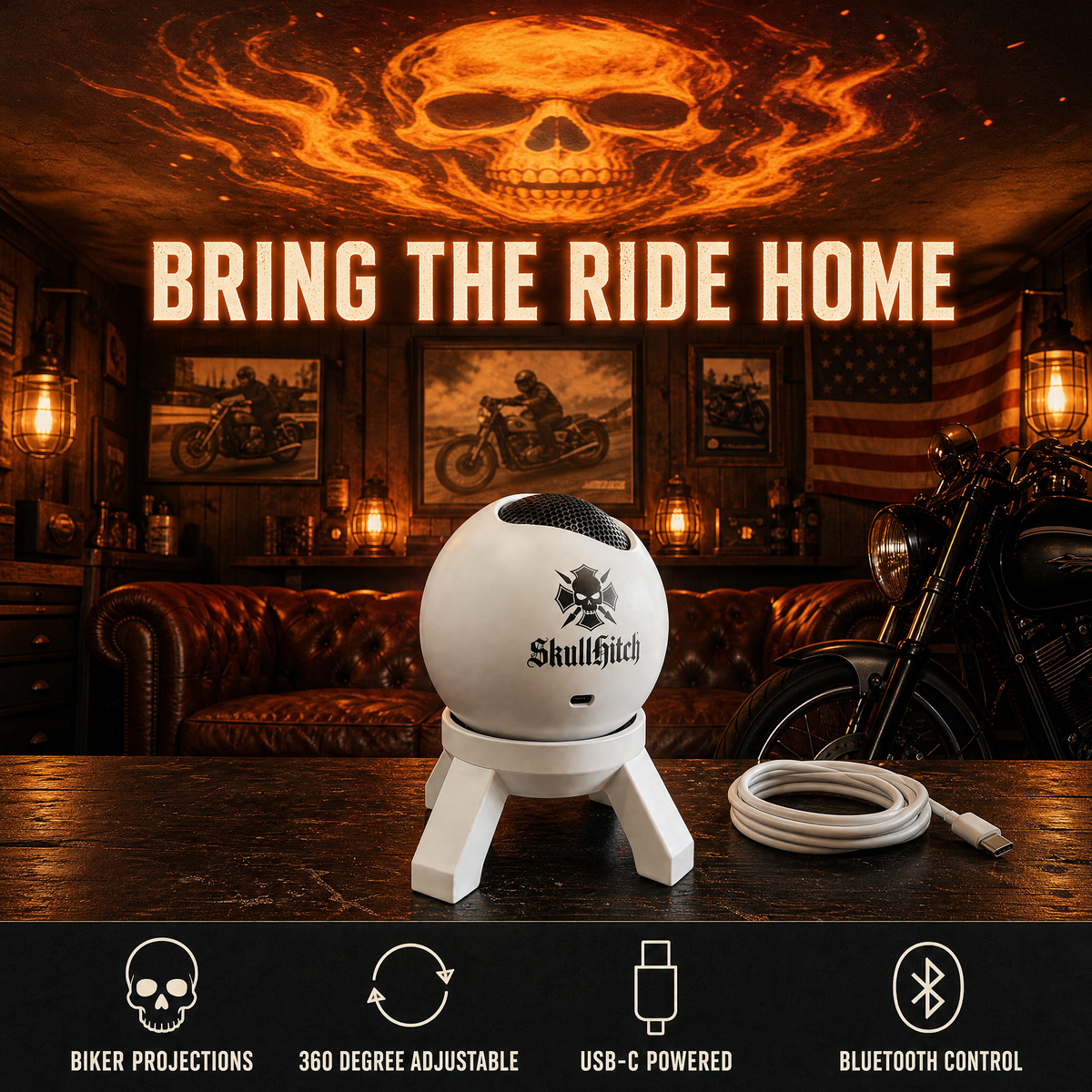 SkullHitch projector lighting up a biker man cave ceiling